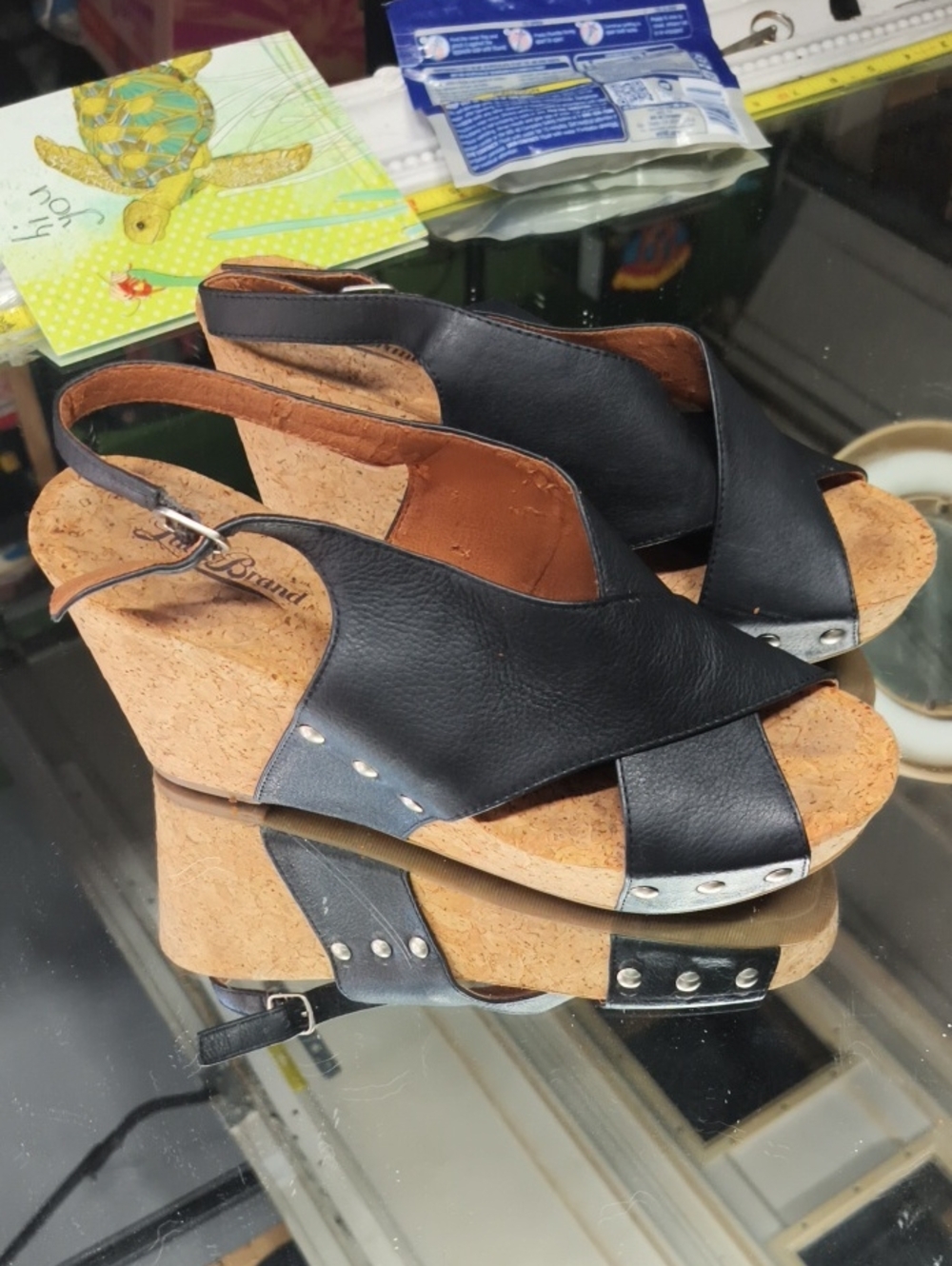 Women's 9 Lucky Brand Minari Cork Wedge Sandal black, crisscross Leather. Cool.